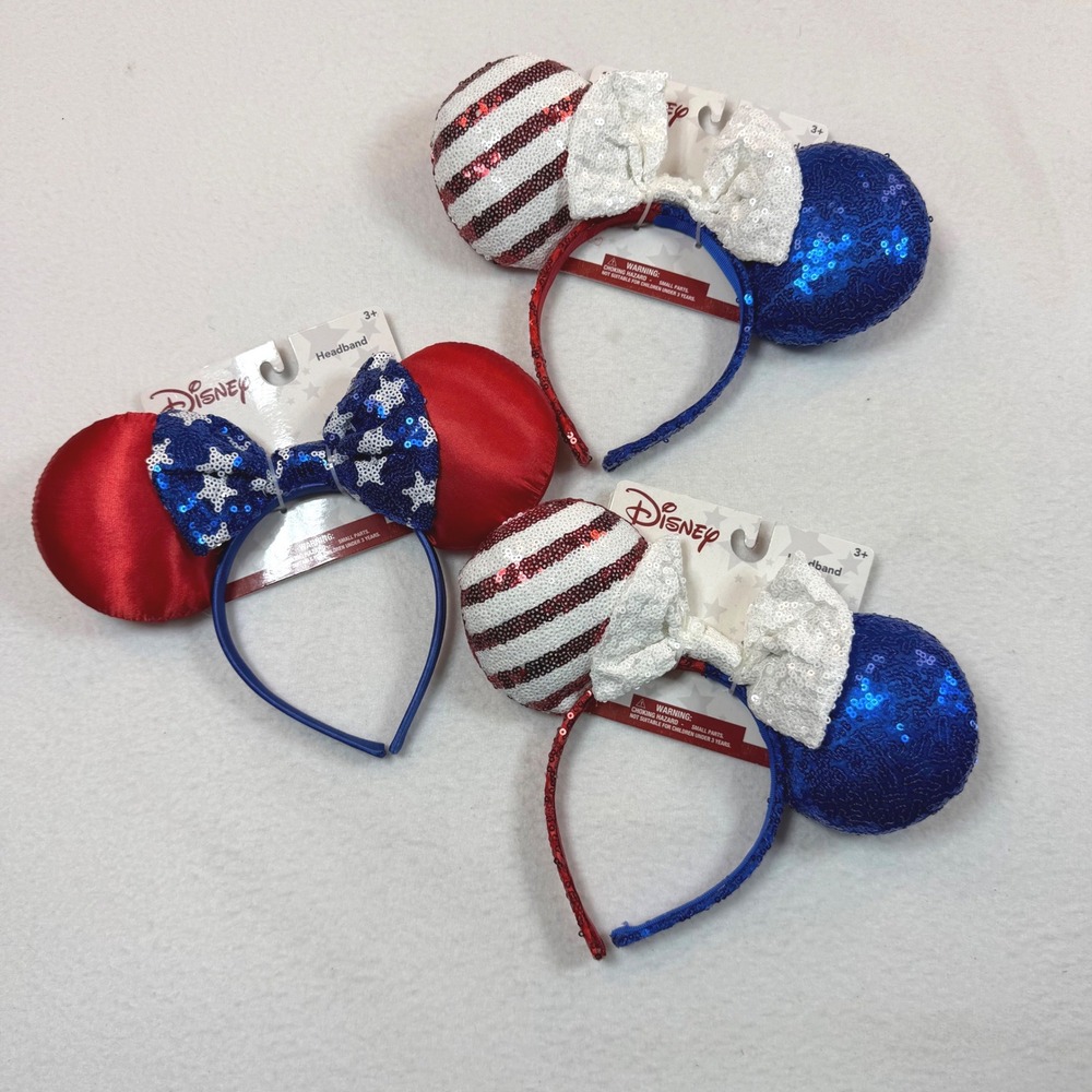 Disney Minnie‎ Mouse Patriotic Headband Set 3pk Red White Blue Sequin 4th July